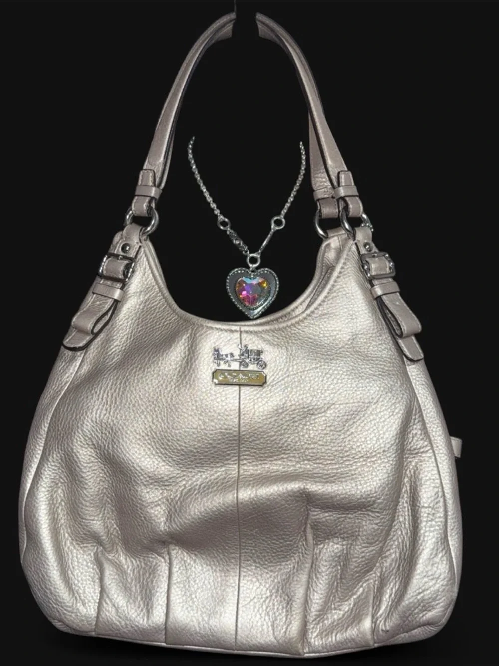 Coach Madison Silver Leather Shoulder Bag with Heart Pendant Accent